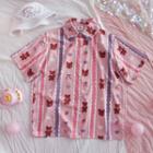 Short-sleeve Print Shirt Bear - Pink - One Size