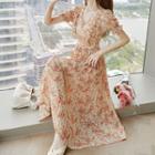 Short-sleeve Frill Trim Floral Chiffon A-line Midi Dress
