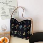 Floral Embroidered Tote Bag Black - One Size