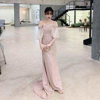 Mesh-sleeve Cold-shoulder Mermaid Gown