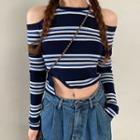 Long-sleeve Cold Shoulder Striped Crop Top Stripes - Blue - One Size