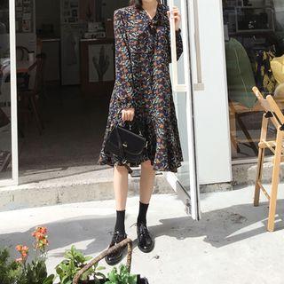 Tie-neck Ruffle-hem Floral Midi Dress Navy Blue - One Size