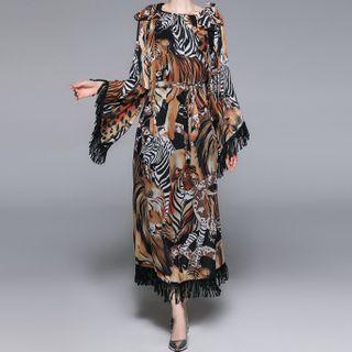 Long-sleeve Fringed Animal Print Midi A-line Dress