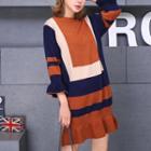 Color-block Ruffled Knit Shift Dress