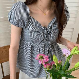Puff Sleeve Drawstring Plaid Blouse