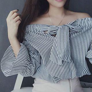 Pinstripe Off-shoulder Long-sleeve Top