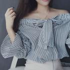 Pinstripe Off-shoulder Long-sleeve Top