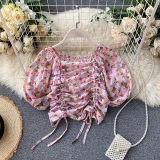 Flower Print Short-sleeve Drawstring Blouse