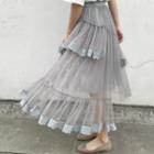 Lace Trim Asymmetric Midi Skirt