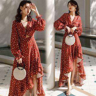 Long-sleeve V-neck Dotted Cutout Dress