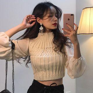 Mesh Lantern-sleeve Cropped Sweater