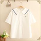 Fish Embroidered Lapel Short-sleeve Top White - One Size