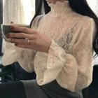 Turtleneck Bell-sleeve Lace Top White - One Size