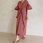 Elbow-sleeve V-neck Twist-front Midi Shift Dress