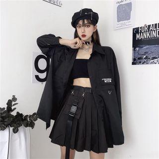 Lettering Shirt / Buckled Pleated A-line Skirt