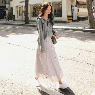Ruffle Trim Sweater / Sequined Midi A-line Skirt / Set