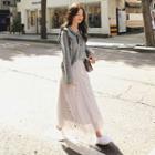 Ruffle Trim Sweater / Sequined Midi A-line Skirt / Set