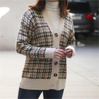 V-neck Check Cardigan One Size
