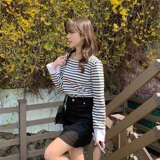 Square-neck Contrast-cuff Striped T-shirt Dark Navy Blue - One Size