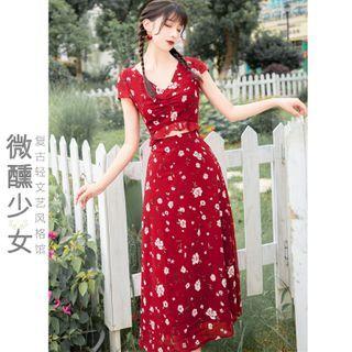 Floral Cap-sleeve Cutout Midi A-line Dress