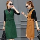 Set: Mock Neck Long-sleeve T-shirt + V-neck Pinafore Dress