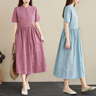 Short-sleeve Drawstring-waist Midi A-line Dress
