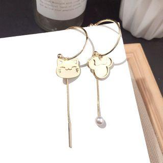 Non-matching Alloy Cat & Mouse Dangle Earring 1 Pair - Gold Earring - One Size