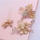 Set: Rhinestone Butterfly Bridal Hair Comb + Hair Stick Gold - One Size
