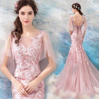 Lace Mesh-panel Evening Gown