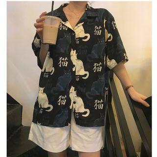Elbow-sleeve Cat Print Shirt / Shorts