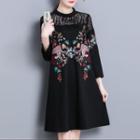 Lace Panel Embroidered Shift Dress