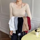 Mock Two-piece Halter-neck Long-sleeve Knit Top