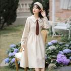 Long-sleeve Applique Collared Midi A-line Dress