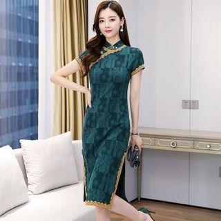 Lace Trim Print Cap-sleeve Qipao
