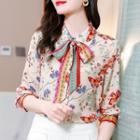Butterfly Print Tie-neck Blouse