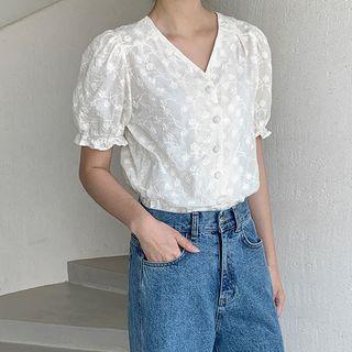 V-neck Flower-embroidery Blouse