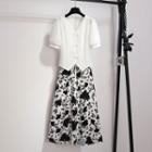 Puff-sleeve Blouse / Floral Print Midi A-line Skirt / Set