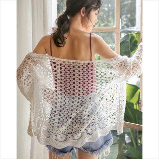 Crochet-knit Open Front Cardigan White - One Size