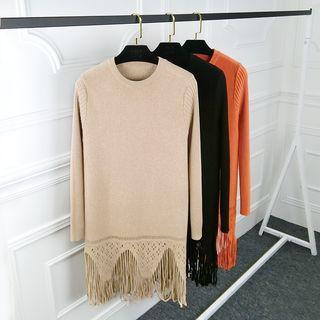 Fringed Hem Long Sleeve Knit Dress