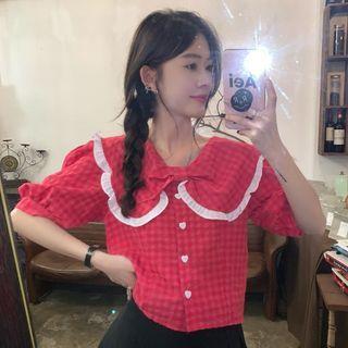 Puff-sleeve Ruffle Trim Gingham Blouse Plaid - Red - One Size