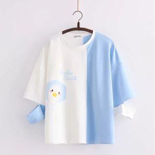 Cartoon Duck Print Two-tone T-shirt