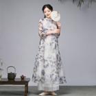 3/4-sleeve Floral Print A-line Cheongsam Dress / Wide-leg Pants