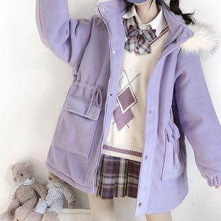 Faux-fur Trim Hood Fleece-lined Coat Purple - One Size