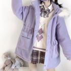 Faux-fur Trim Hood Fleece-lined Coat Purple - One Size