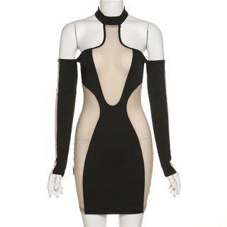 Long-sleeve Halter Neck Cold-shoulder Mini Sheath Dress