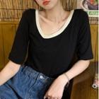 Short-sleeve Contrast Trim T-shirt T-shirt - Black - One Size