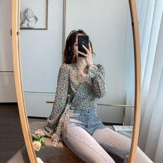V-neck Lace-up Floral Shirt