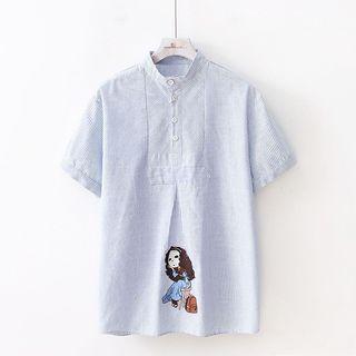 Embroidered Pinstriped Short Sleeve Shirt Blue - One Size