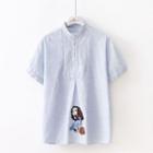 Embroidered Pinstriped Short Sleeve Shirt Blue - One Size