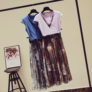 Set: Cap-sleeve Lettering Chain Top + Printed Midi Skirt